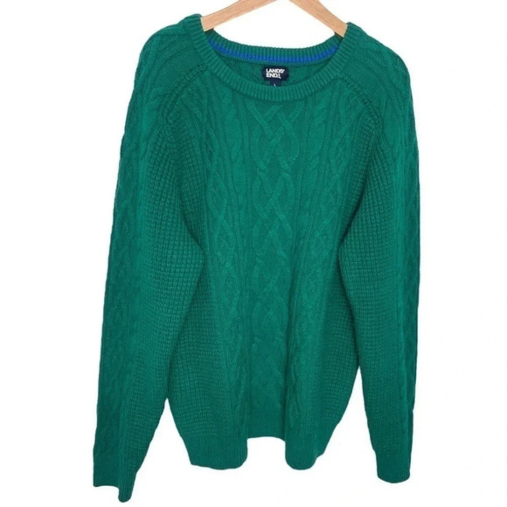Lands End Mens‎ L Cable Fisherman  Knit Crewneck Sweater Green Casual Pullover